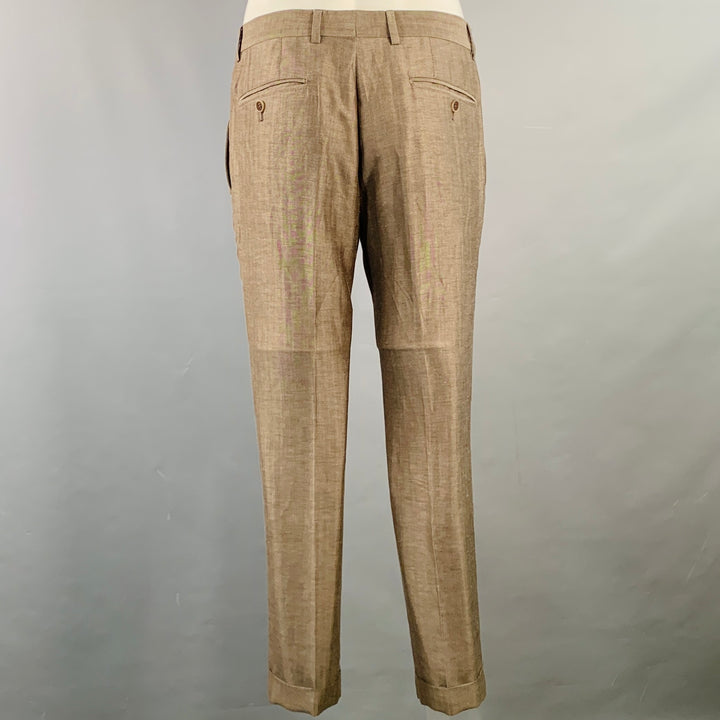 BRUNELLO CUCINELLI Size 38 Brown Herringbone Linen Wool Silk Peak Lapel Suit