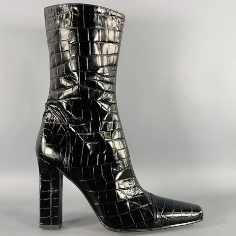 PACIOTTI Size 8 Black Leather Croc Embossed Side Zipper Boots