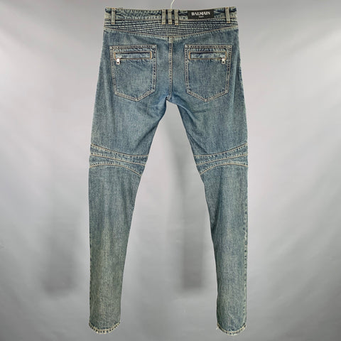 BALMAIN Size 32 Blue Cotton Motorcycle Jeans