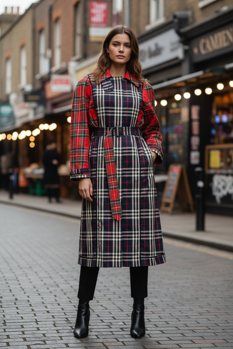 Woman wearing a plaid dress on a street with shops in the background