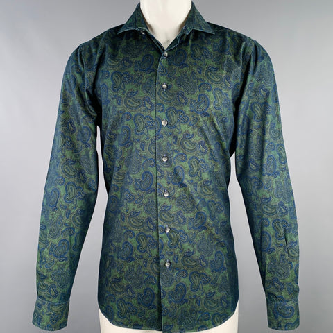 PAUL STUART Size M Green Blue Paisley Cotton Spread Collar Long Sleeve Shirt