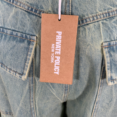 PRIVATE POLICY Size L Giant Cargo Blue Denim Acid Wash Baggy Casual Pants