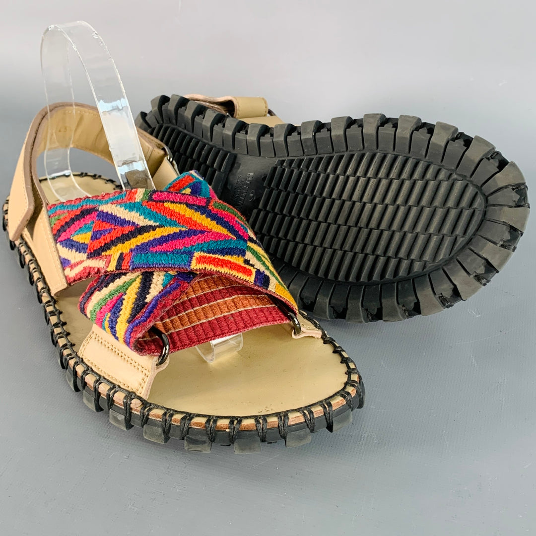 VALENTINO Size 10.5 Tan Multi Color Embroidery Leather Straps Sandals