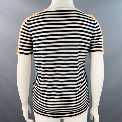 AKRIS Size 12 White Multi Color Wool Stripe Color Block Crew Neck T-Shirt