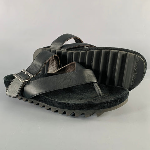 LANVIN Size 8 Black Leather Thong Sandals
