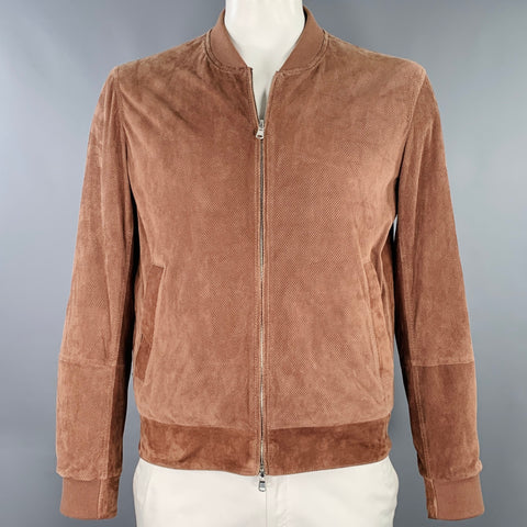 BRUNELLO CUCINELLI Size L Brown Perforated Suede Bomber Jacket