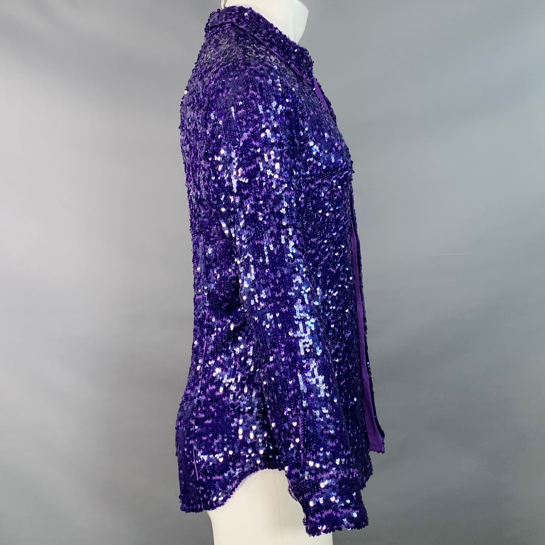 DRIES VAN NOTEN Size 38 Purple Sequined Viscose Hidden Buttons Long Sleeve Shirt