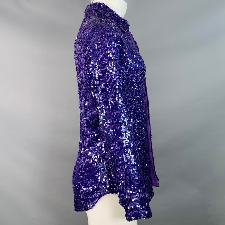 DRIES VAN NOTEN Size 38 Purple Sequined Viscose Hidden Buttons Long Sleeve Shirt