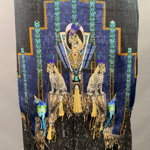 CAMILLA Size M Navy Multi Color Art Deco Animal Print Pencil Midi Skirt