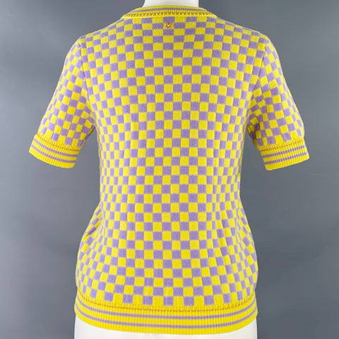 VERSACE Size S Yellow Lavender Wool Blend Checkered Crew Neck Casual Top