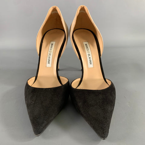 MANOLO BLAHNIK Size 9.5 Black Tan Suede Two Tone Suede Pointed Toe Pumps