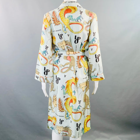 LA PRESTIC OUISTON Size S Blue Multi Color Silk Dragons Belted Shirt Dress