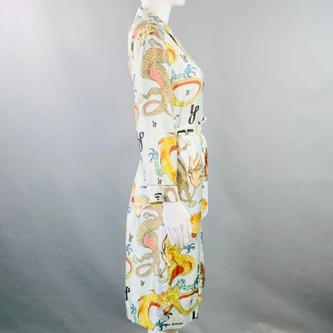 LA PRESTIC OUISTON Size S Blue Multi Color Silk Dragons Belted Shirt Dress