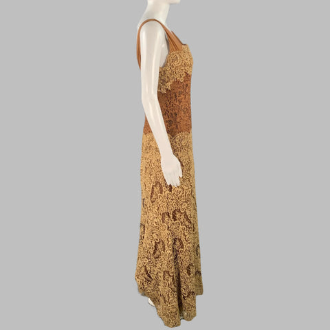 VINTAGE Size 6 Brown Tan Lace Beaded Sleeveless Evening Gown