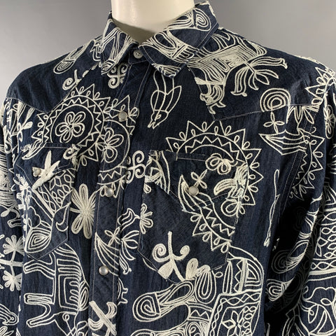 ENGINEERED GARMENTS Indigo White Embroidery Cotton Snap Up Shirt