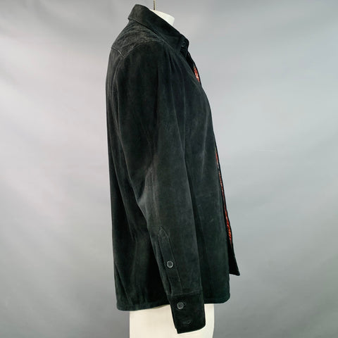 Chemise ROBERT GRAHAM taille L noire, broderie, daim, bordures contrastées, manches longues