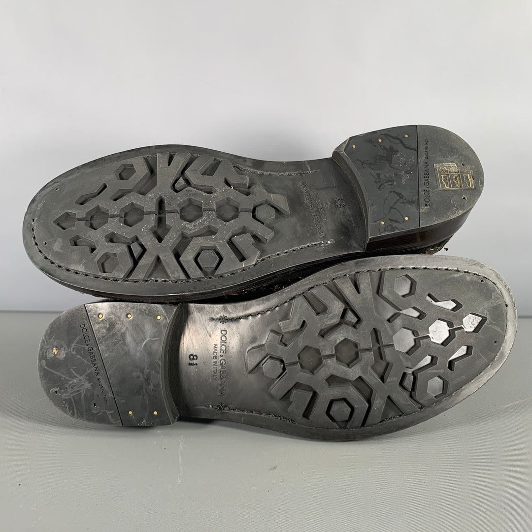 DOLCE & GABBANA Size 8.5 Black Gold Embroidery Leather Side Buttons Boots