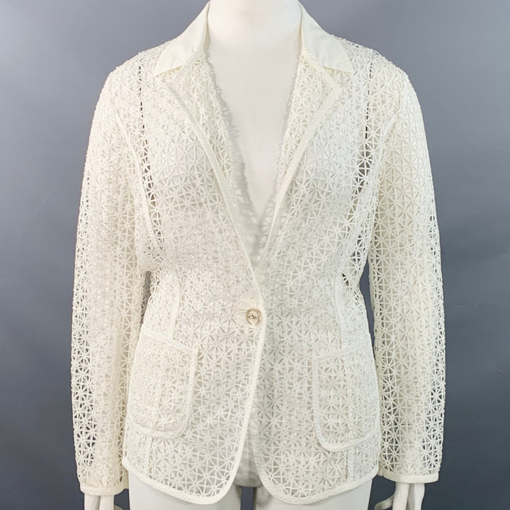 ESCADA Size XL White Cotton Blend Geometric Mesh Jacket Blazer