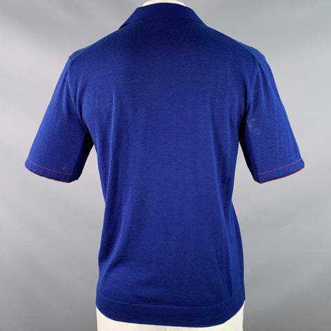 LORO PIANA Size 42 Blue Brown Contrast Trim Silk Cashmere Open Collar Polo