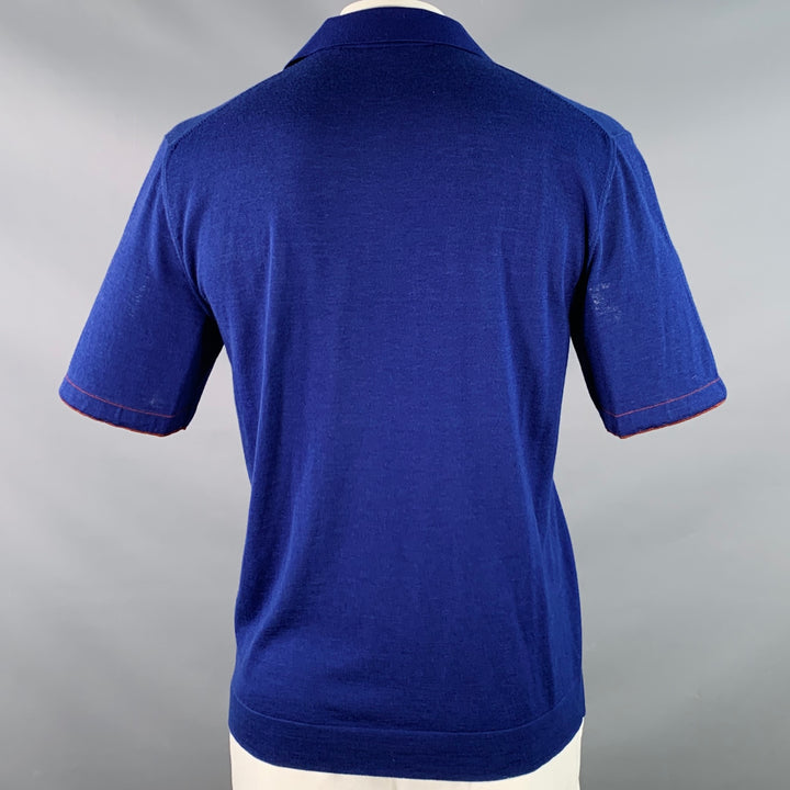 LORO PIANA Size 42 Blue Brown Contrast Trim Silk Cashmere Open Collar Polo