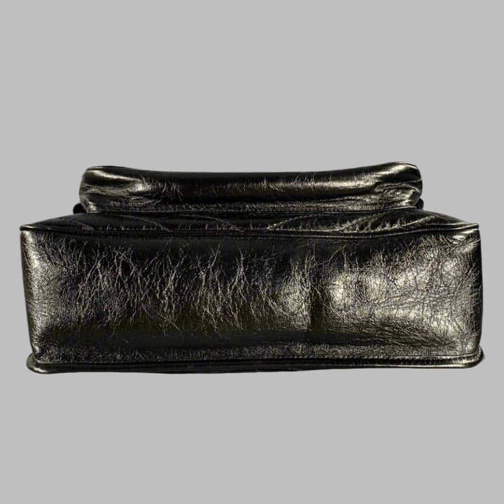 SAINT LAURENT Black Silver Chevron Leather Shoulder Bag Handbag