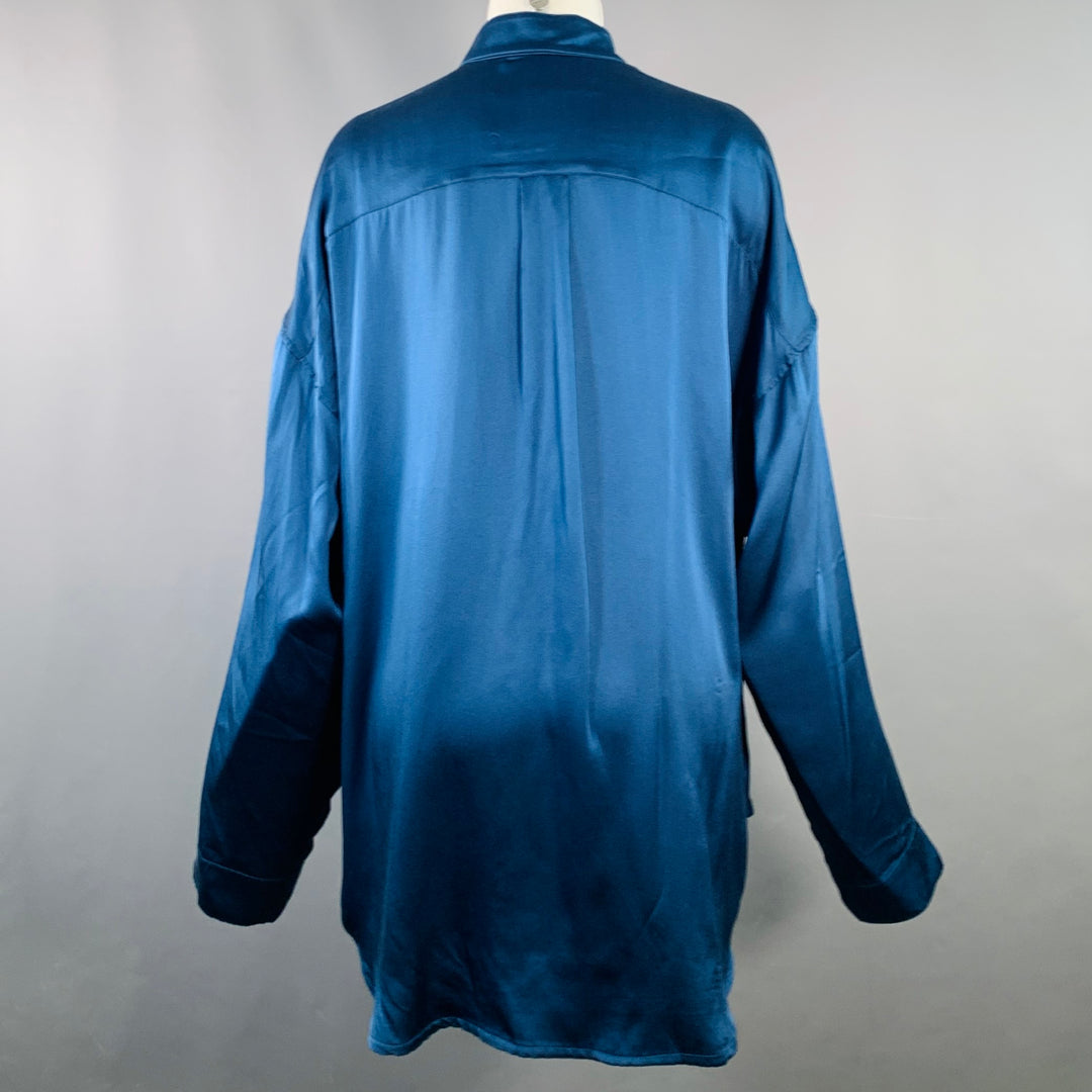 HAIDER ACKERMANN Size S Teal Silk Satin Nehru Collar Hidden Buttons Shirt