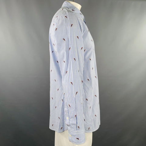 ZEGNA Size XL Blue White Stripe Cotton One Pocket Long Sleeve Shirt