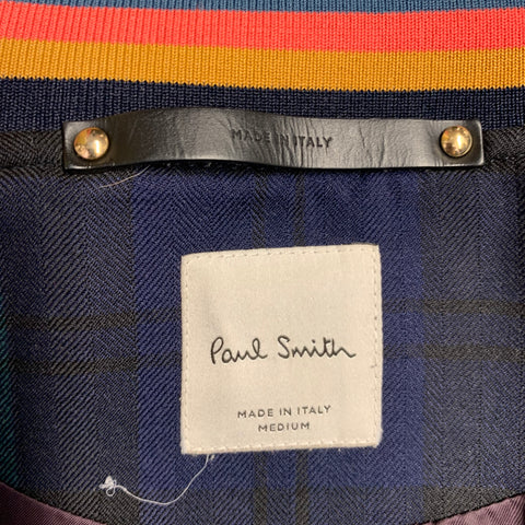PAUL SMITH Size M Black Green Blue Plaid Leather Trim Bomber Jacket