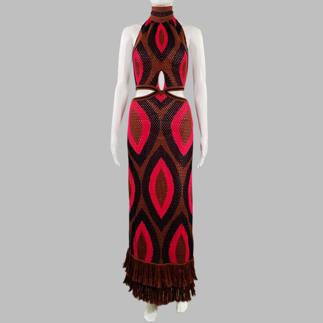 JOHANNA ORTIZ Size XS Brown Black Pink Cotton Abstract Halter Dress JOHANNA ORTIZ Size XS Brown Black Pink Cotton Abstract Halter Dress