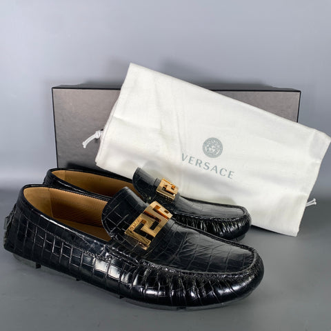 VERSACE Size 10 Black Gold Embossed Leather Slip On Loafers