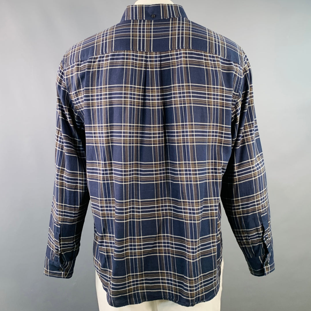 BILLY REID Size XL Navy Grey Plaid Cotton One Pocket Long Sleeve Shirt