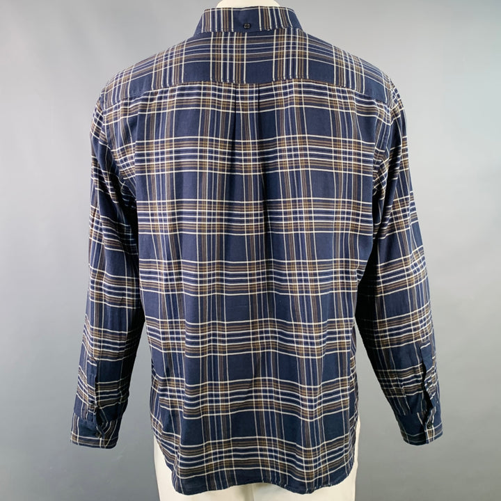 BILLY REID Size XL Navy Grey Plaid Cotton One Pocket Long Sleeve Shirt