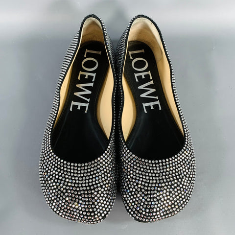 LOEWE Size 11 Silver Black Rhinestone Studded Ballet Flats