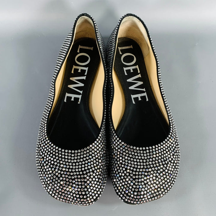 LOEWE Size 11 Silver Black Rhinestone Studded Ballet Flats
