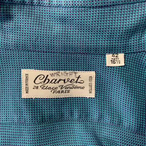 CHARVET Size XL Turquoise Purple Check Pointed Collar Long Sleeve Shirt