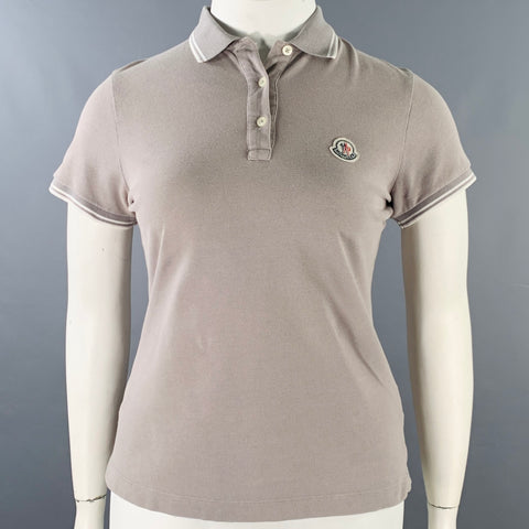 MONCLER Size L Grey White Cotton Logo Polo Casual Top