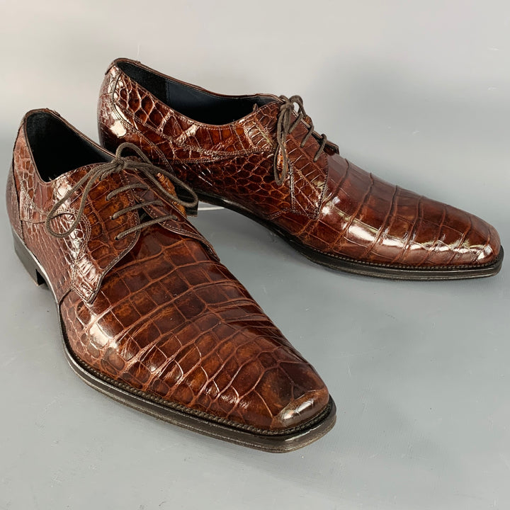 MEZLAN Size 11 Luciano Brown Alligator Leather Derby Lace-Up Shoes