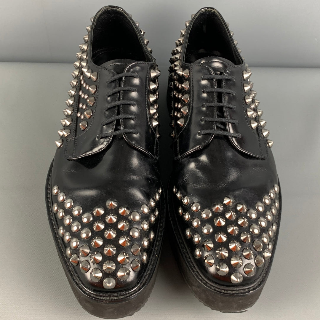 PRADA Size 9 Black Silver Studded Leather Platform Lace-Up Shoes