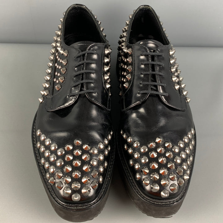 PRADA Size 9 Black Silver Studded Leather Platform Lace-Up Shoes