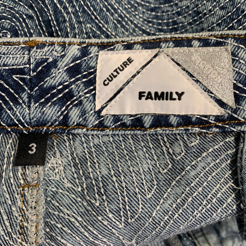 ANIKI Size L Indigo White Embroidery Cotton Wide Leg Straight Zip Fly Jeans