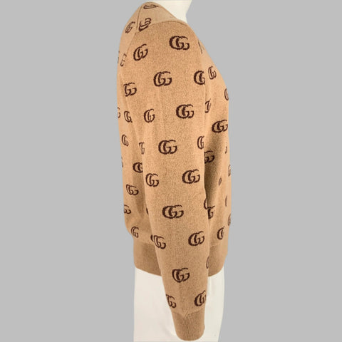 GUCCI Size XL Tan Brown GG Monogram Cashmere Wool V-Neck Sweater