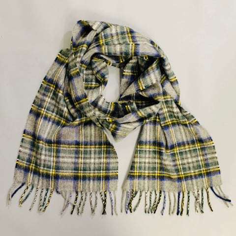 O'CONNELL'S Grey Blue & Yellow Plaid Cashmere Fringe Scarf