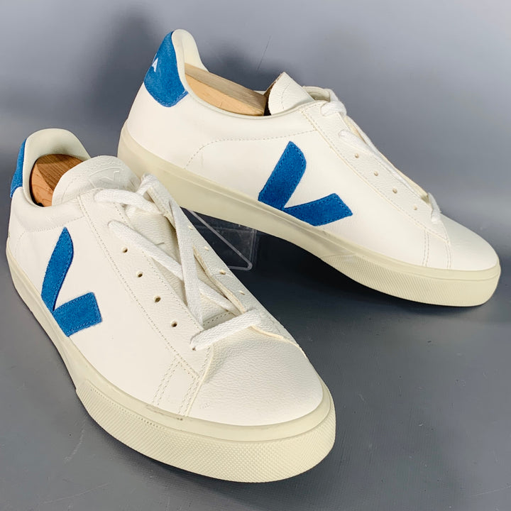 VEJA Size 11 White Blue Leather Low Top Lace-Up Sneakers