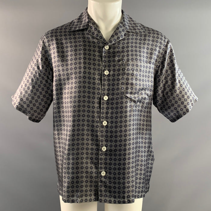 PRADA Size M Grey Navy & Gold Circles Silk Camp Short Sleeve Shirt