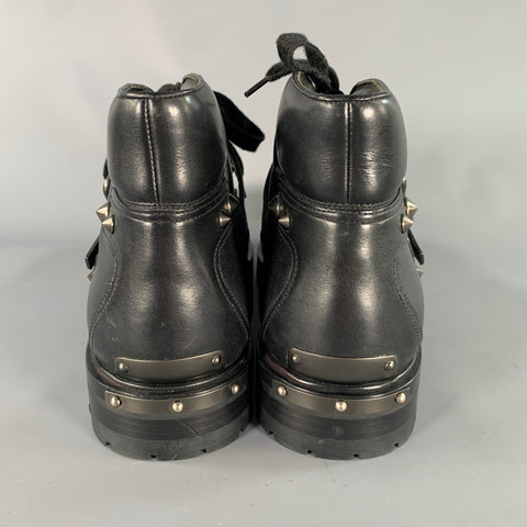 PRADA Size 12 Black Studded Leather Ankle Boots