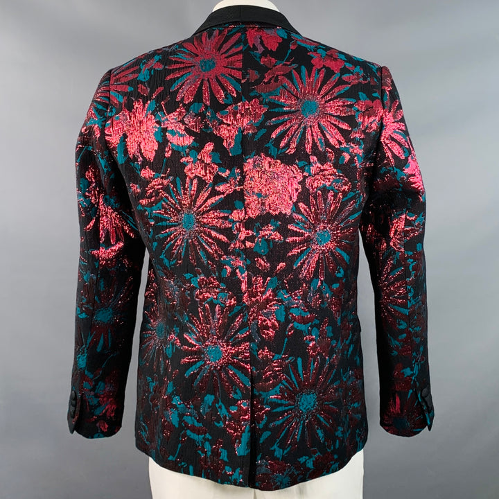 MR TURK Size 42 Black Pink Green Floral Jacquard Polyester Blend Sport Coat