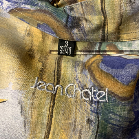 JEAN CHATEL Size L Blue Brown Multi-Color Painted Floral Long Sleeve Shirt