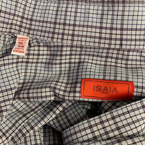 ISAIA Size M Grey White Purple Plaid Cotton Spread Collar Long Sleeve Shirt