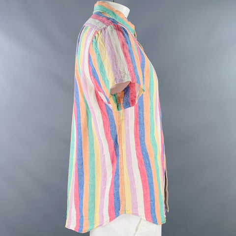 J.CREW Size L Multi Color Stripe Linen One Pocket Short Sleeve Shirt