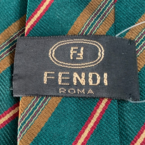 FENDI Green Beige Diagonal Stripe Silk Tie